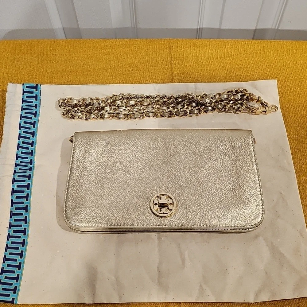 Tory Burch Gold Leather Adalyn Chain Clutch Like New
